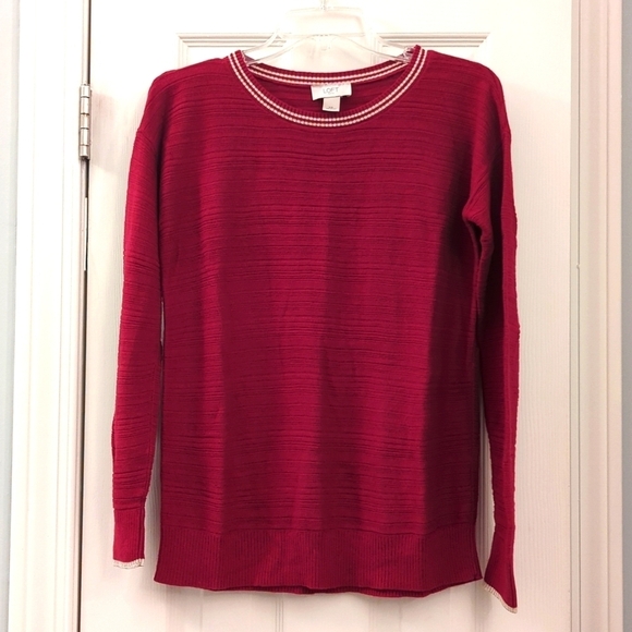 LOFT Sweater Red with Silver Stripe Long Sleeve Crew Neck Size XS - Picture 1 of 10